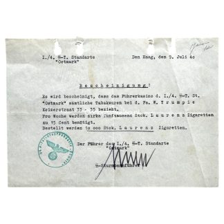 Original WWII German SS-Totenkopf 'Standarte Ostmark' document Den Haag
