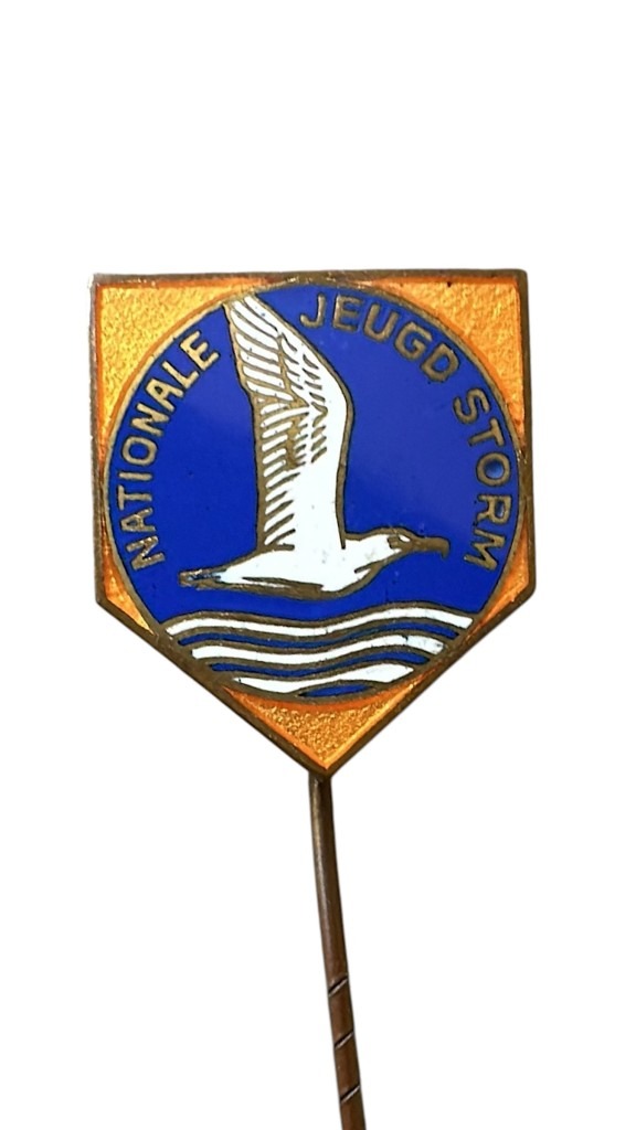 Original National Youth Storm (Nationale Jeugdstorm) pin, circa 1930s–1940s. Enamel badge in pentagon shape featuring a flying seagull and stylized waves on a blue and orange background. Historical collectible from the Dutch youth movement under National Socialist influence.
