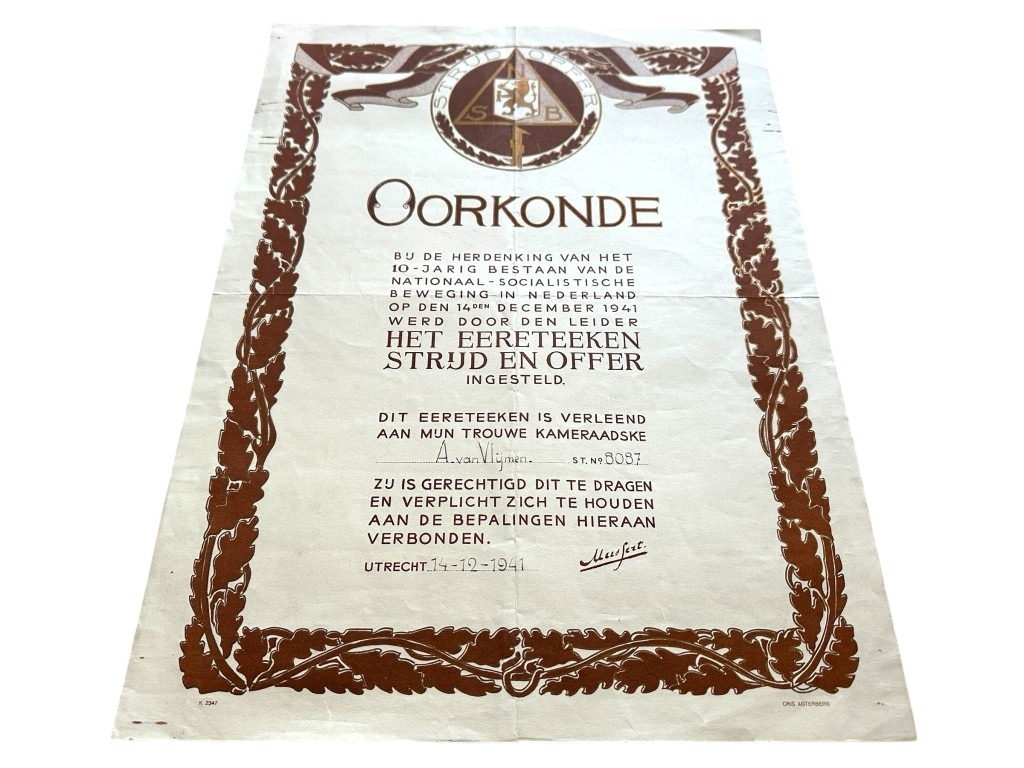 Original WWII Dutch NSB 'Strijd en Offer' certificate