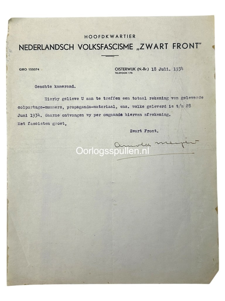 Original WWII Dutch Zwart Front Arnold Meijer letter from Oisterwijk