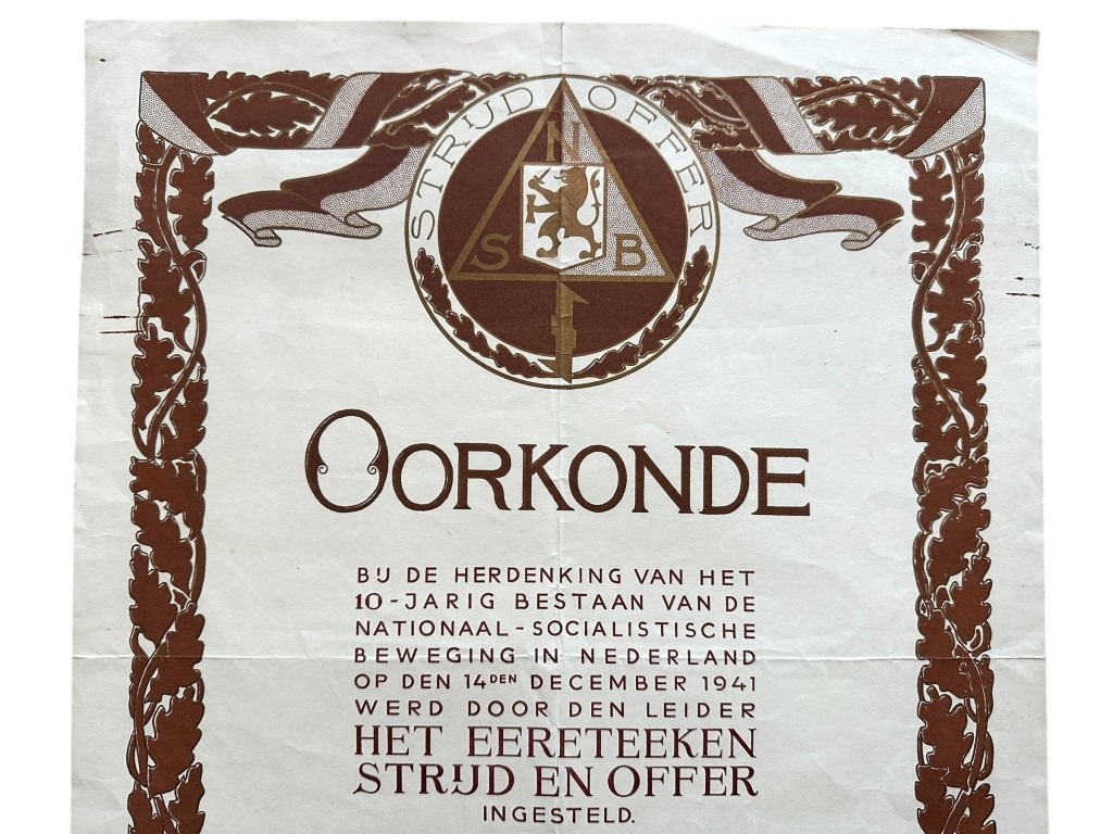 Original WWII Dutch NSB 'Strijd en Offer' certificate