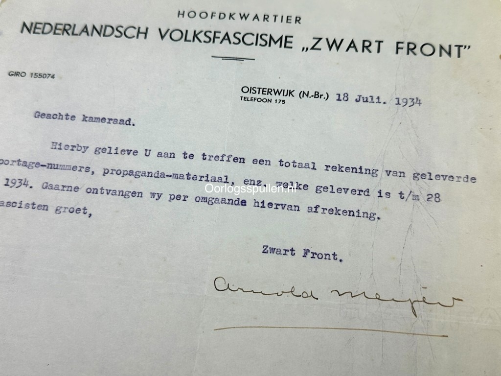 Original WWII Dutch Zwart Front Arnold Meijer letter from Oisterwijk
