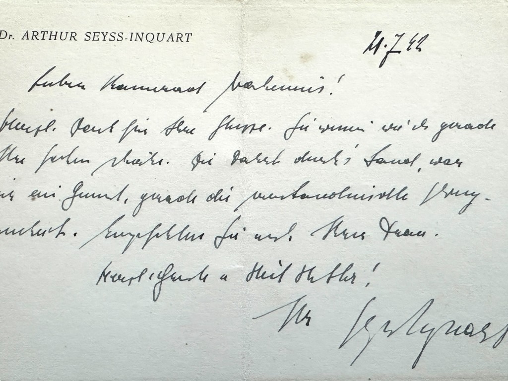 Original WWII German Dr. Arthur Seyss-Inquart handwritten letter