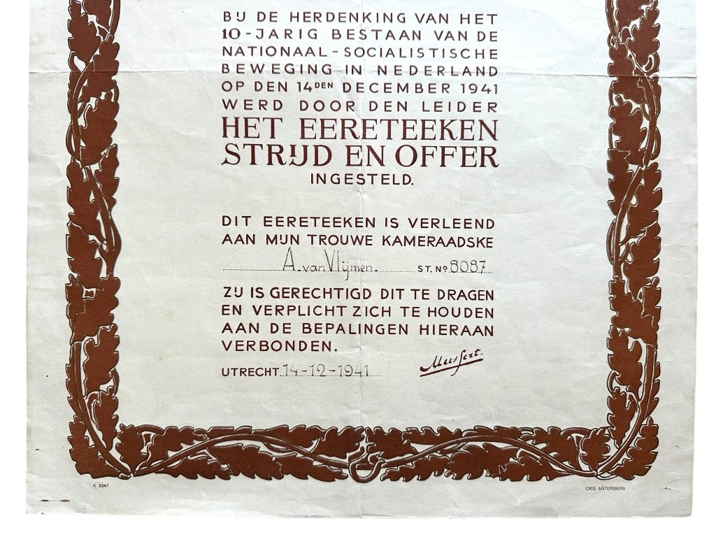 Original WWII Dutch NSB 'Strijd en Offer' certificate