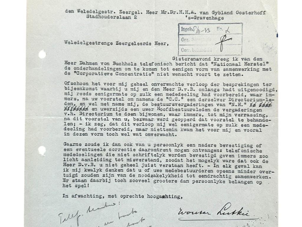 Original early Dutch fascists letter from Wouter Lutkie (Hand-signed)
