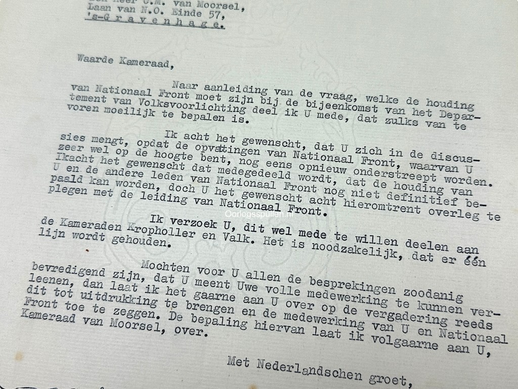 Original WWII Dutch Nationaal Front letter and photo Arnold Meijer