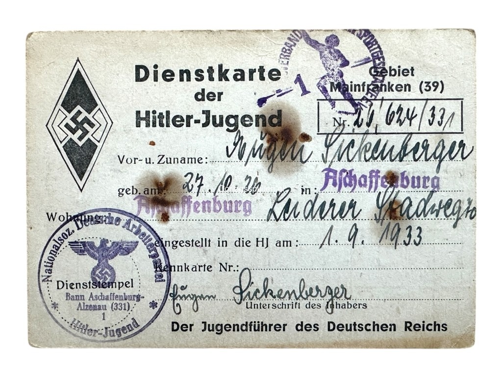 Original WWII German Hitlerjugend Ausweis set Aschaffenburg