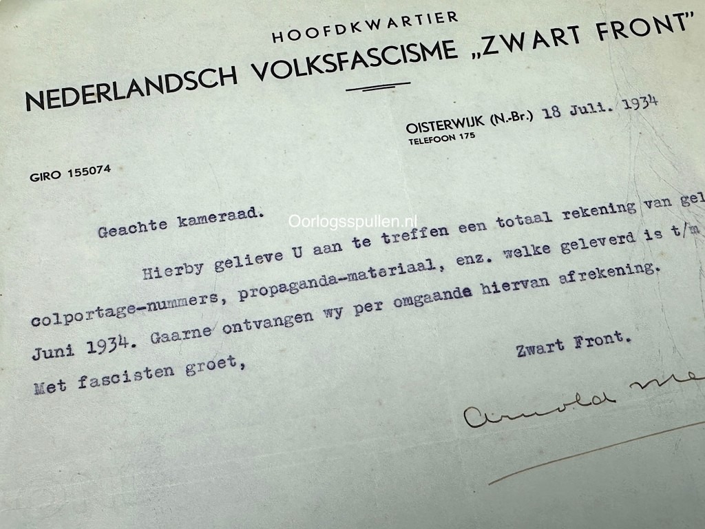 Original WWII Dutch Zwart Front Arnold Meijer letter from Oisterwijk
