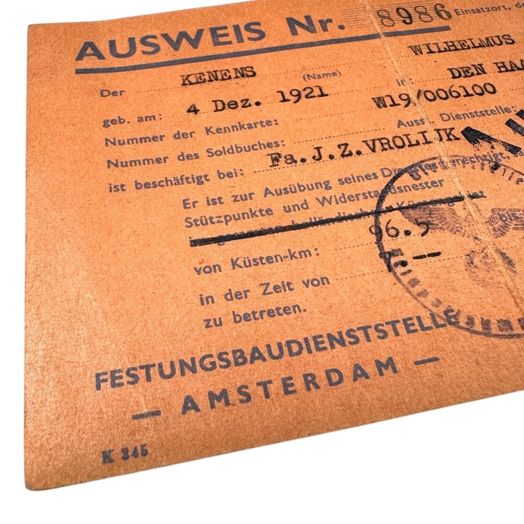 Original WWII German Festungsbaudienststelle Ausweis Scheveningen