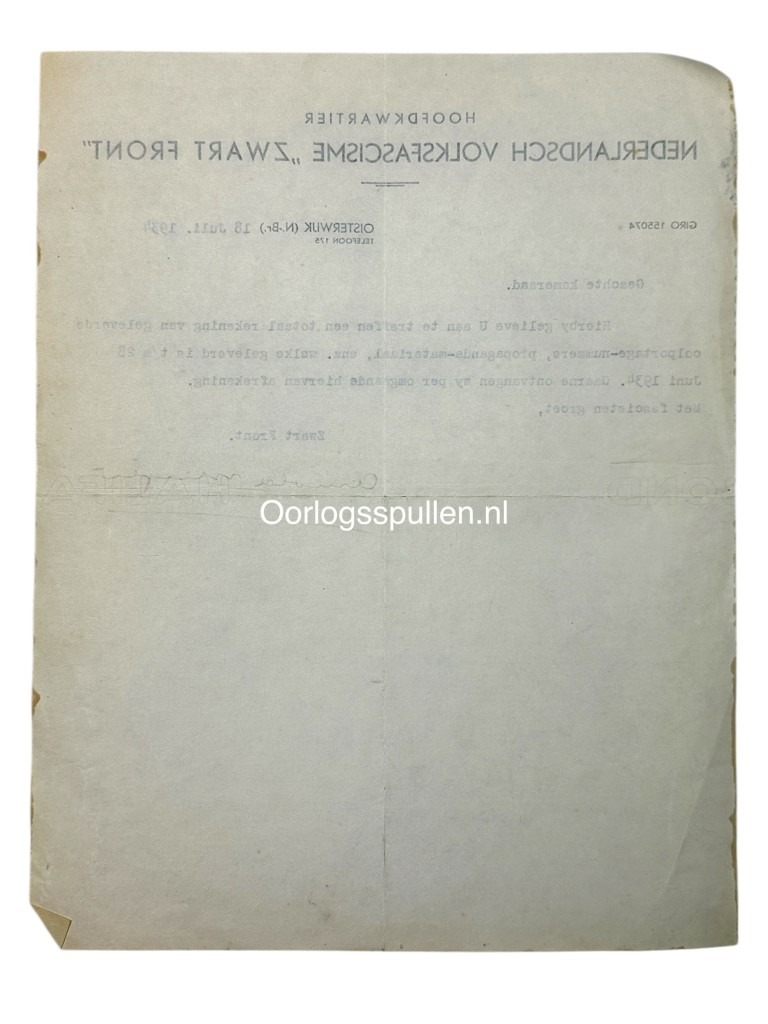 Original WWII Dutch Zwart Front Arnold Meijer letter from Oisterwijk