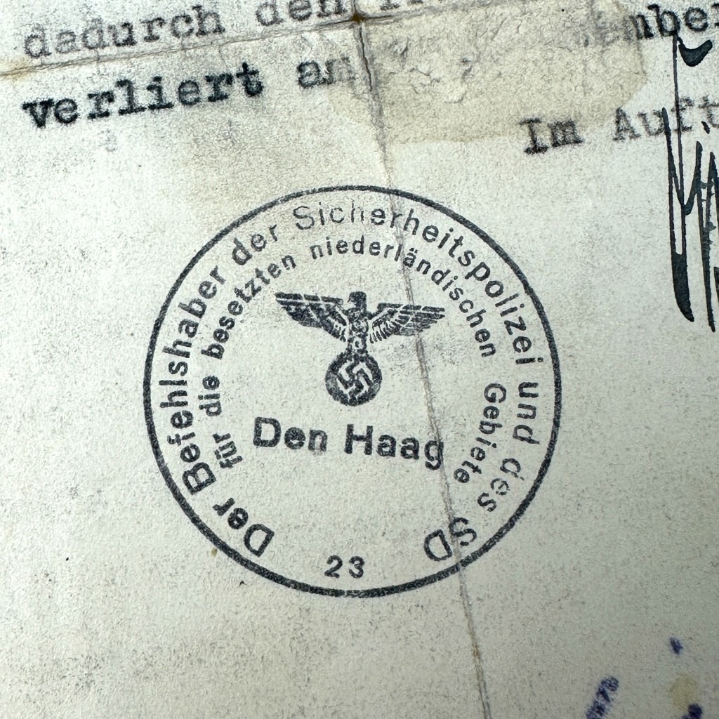Original WWII German SD (Sicherheitsdienst) Bescheinigung Den Haag