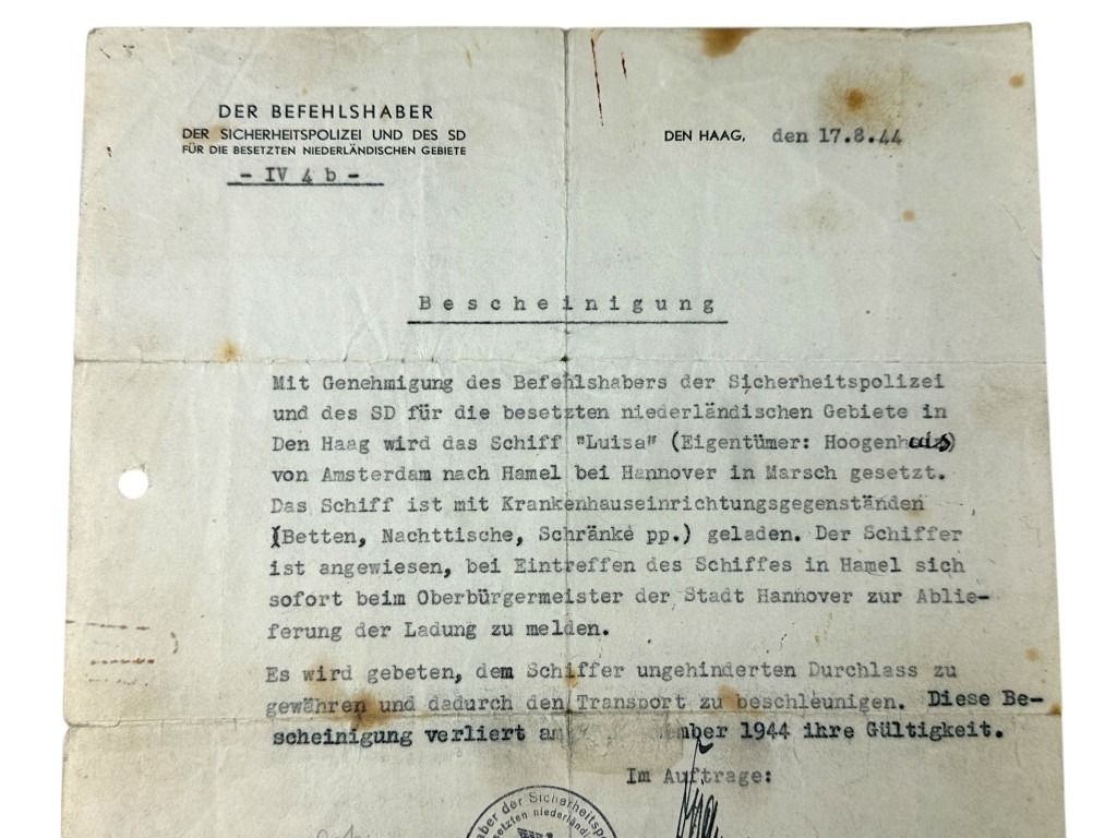 Original WWII German SD (Sicherheitsdienst) Bescheinigung Den Haag