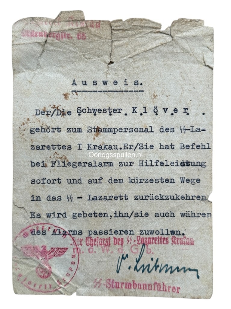 Original WWII German SS-Lazarett Ausweis and Urlaubschein Krakau