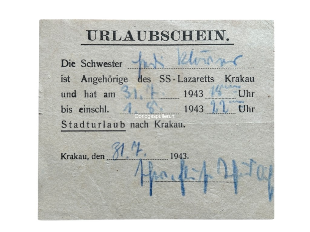 Original WWII German SS-Lazarett Ausweis and Urlaubschein Krakau