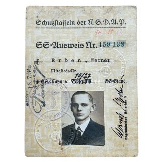 Original SS-Ausweis (ID card) issued in 1934 to SS member Werner Erben from Cottbus, featuring period stamps, photo, and signatures—authentic WWII-era document prized by militaria collectors.