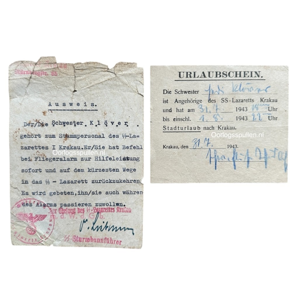 Original WWII German SS-Lazarett Ausweis and Urlaubschein Krakau