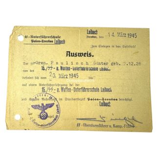 Original WWII German SS-Unterführerschule Laibach Ausweis