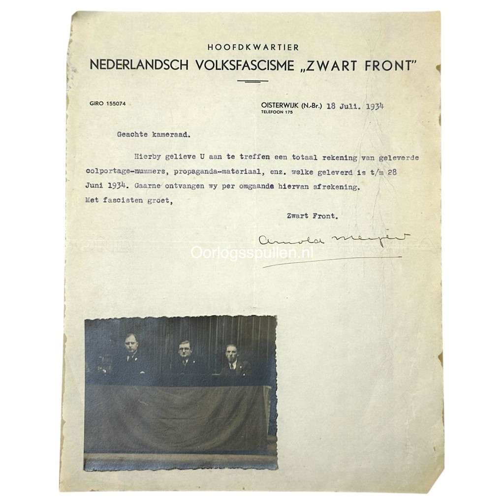 Original WWII Dutch Zwart Front Arnold Meijer letter from Oisterwijk