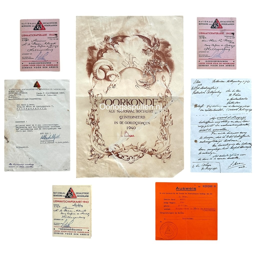 Originele set NSB-documenten uit de Tweede Wereldoorlog, afkomstig uit Hillegersberg. De set bevat lidmaatschapskaarten van de Nationaal-Socialistische Beweging in Nederland (NSB) uit 1942 en 1943, een oorkonde voor nationaal-socialistische inzet in 1940, officiële brieven, een handgeschreven verklaring, en een feloranje Ausweis (vergunning).