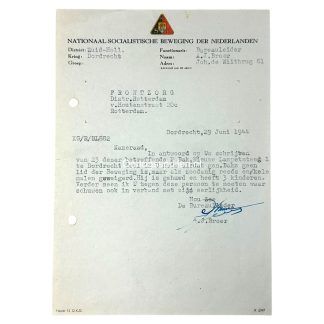 Typerende brief van de Nationaal-Socialistische Beweging in Nederland (NSB), gedateerd 29 juni 1944, verzonden vanuit Dordrecht door bureauleider A.J. Broer aan Frontzorg in Rotterdam. De brief bevat informatie over een persoon genaamd P. Bak en zijn afwijzing als lid van de NSB.