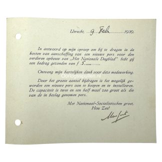 Original 1939 Dutch NSB donation acknowledgment card, hand-signed by Anton Mussert in ink. Issued for contributions to “Het Nationale Dagblad” printing press. Rare WWII-era collaboration document with autograph—collectible National Socialist ephemera.