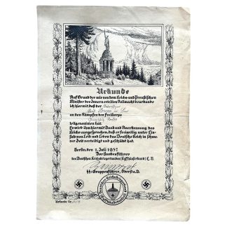 Official German Kyffhäuserbund certificate dated July 1, 1937, featuring Gothic-style German script and a decorative border with oak leaves. At the top is an engraved illustration of the Kyffhäuser Monument, a large statue set in a forested mountain landscape. The document acknowledges the recipient's participation in Freikorps battles. It includes swastikas in the bottom corners, the Kyffhäuserbund emblem with the monument image at the bottom center, and a signature from an SS-Gruppenführer. The document is slightly worn and creased with the reference number 'Urkunde Nr. A/3.9' at the bottom left.