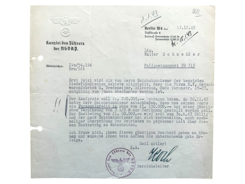 Original WWII German Kanzlei des Führers der NSDAP set Hilversum