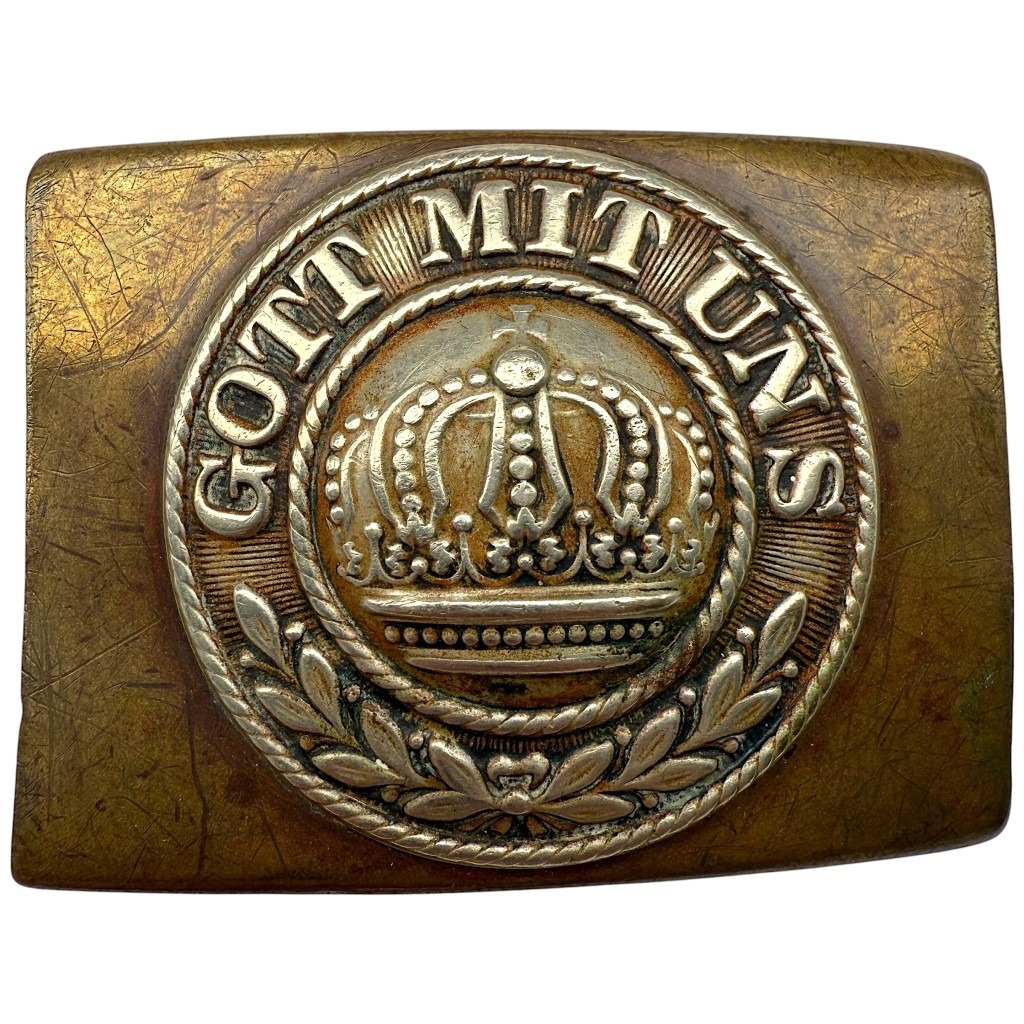 Authentique boucle de ceinturon allemande de la Première Guerre mondiale Gott mit uns, boucle en laiton de l’armée impériale allemande avec couronne argentée et couronne de laurier, objet de collection militaria WW1.