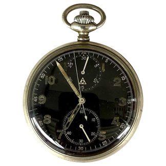 Original WWII German Kriegsmarine Minerva stopwatch – rare World War 2 naval chronograph with black dial, 30-minute counter, eagle M acceptance stamp Artl. 8739, authentic military timepiece collectible in working condition.