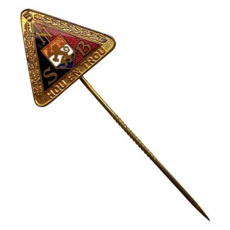 Originele WOII Nederlandse NSB 5 jaar lidmaatschapsspeld, emaillen driehoek insigne, Nationaal-Socialistische Beweging verzamelobject voor Tweede Wereldoorlog collaboratie memorabilia.