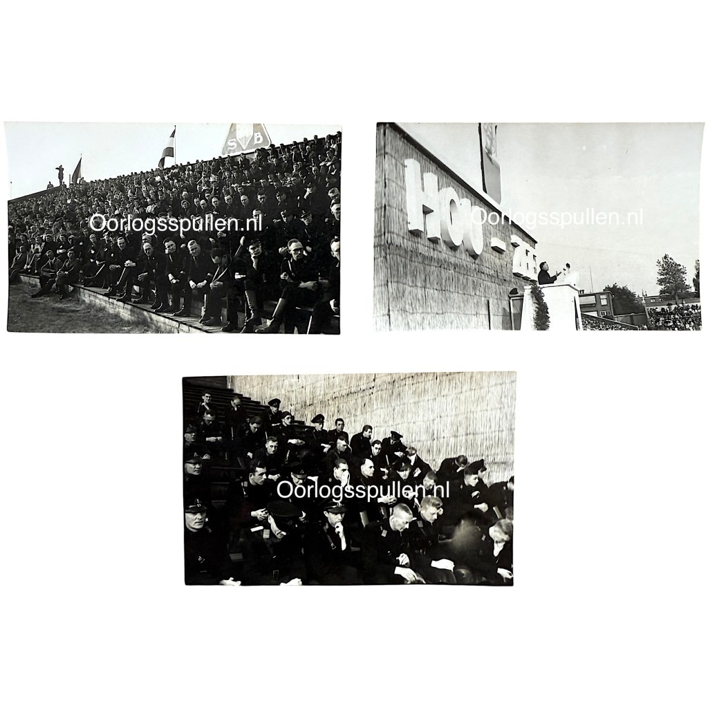 Originele NSB foto’s uit de Tweede Wereldoorlog – authentieke zwart-wit propagandafoto’s van NSB-bijeenkomsten met leden en toespraken, zeldzaam historisch materiaal voor WO2-verzamelaars.
