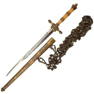 Originele Nederlandse Marine officiersdolk M1880 met gegraveerd lemmet, messing schede en draagketting, Koninklijke Marine ceremoniële dolk zeldzaam militair verzamelobject.