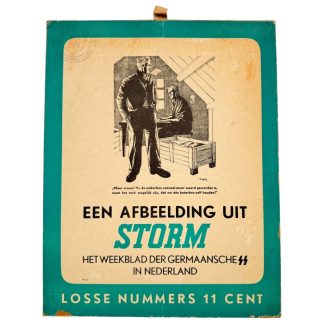 Original WWII Dutch SS cardboard Storm magazine window sign, rare Germanic SS propaganda display from the Netherlands, collectible World War Two collaboration memorabilia.