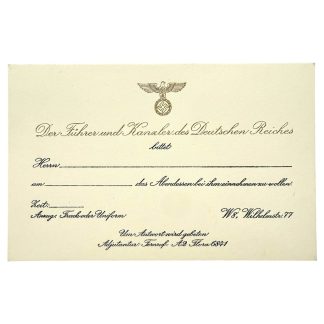 Original WWII German Adolf Hitler invitation card, Third Reich dinner invitation from Der Führer und Kanzler des Deutschen Reiches, rare Nazi memorabilia collectible.