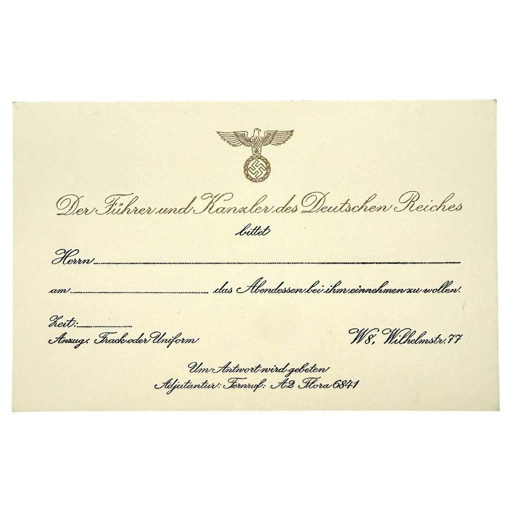 Original WWII German Adolf Hitler invitation card, Third Reich dinner invitation from Der Führer und Kanzler des Deutschen Reiches, rare Nazi memorabilia collectible.