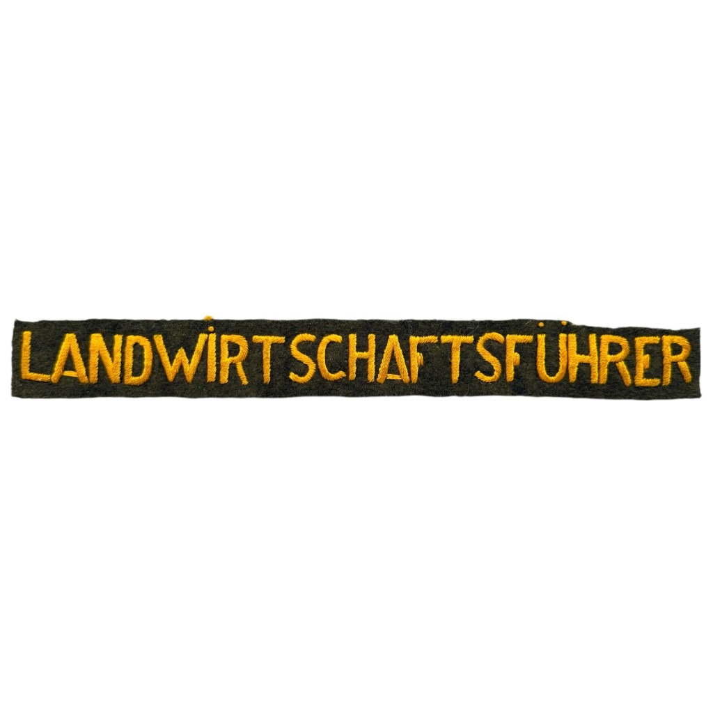 Original WWII German cuff title Landwirtschaftsführer – rare dark brown wool armband with yellow embroidery, authentic collectible for World War II cuff title and militaria collectors.