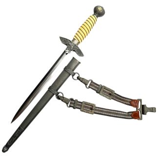 Original WWII German Luftwaffe officer’s dagger 2nd model with scabbard and hanger, produced by Tiger Solingen – rare World War Two military collectible for dagger and militaria collectors.