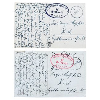 Oryginalne niemieckie karty feldpost z czasów II wojny światowej – SS-Polizei-Regiment Krakau. Dwie ręcznie zapisane pocztówki polowe z czytelnymi pieczęciami jednostki SS w Krakowie. Rzadkie dokumenty historyczne z okupowanej Polski, cenne dla kolekcjonerów militariów, badaczy Wehrmachtu i niemieckiej policji porządkowej (Ordnungspolizei) w Generalnym Gubernatorstwie.
