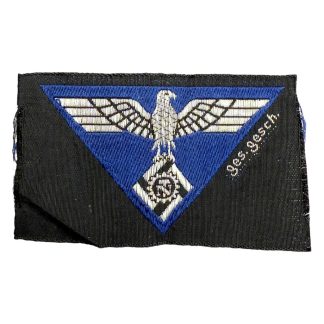 Originaler WWII Deutscher Technische Nothilfe (TENO) Mützenadler – seltenes gewebtes Abzeichen aus der Zeit des Dritten Reiches mit 'Ges. Gesch.' Markierung, begehrt bei Sammlern von deutscher Wehrmachts- und Militaria-Ausrüstung.