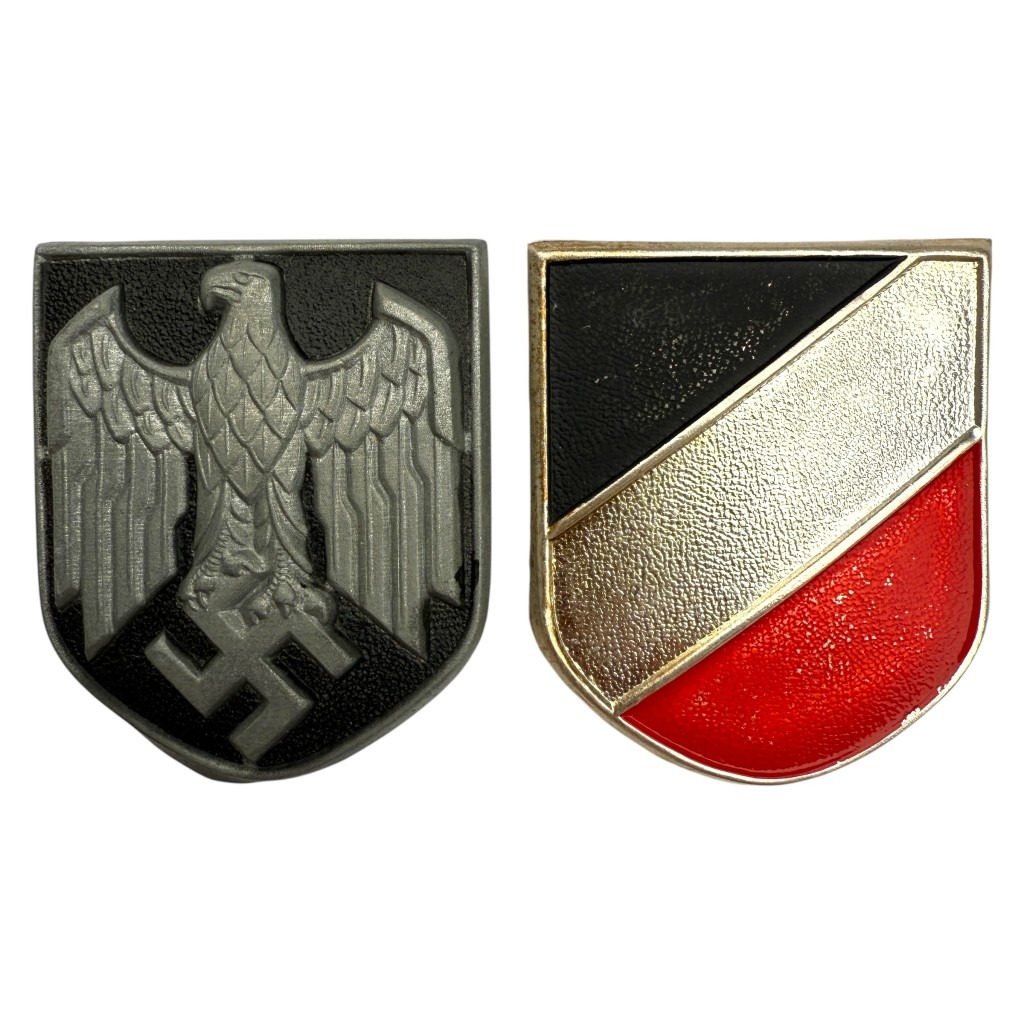 Original WWII German Wehrmacht tropical pith helmet shields set, featuring eagle with swastika national emblem and black-white-red tricolor shield, authentic World War 2 militaria collectible from North Africa and Southern Europe campaigns.