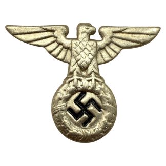 Original WWII German early SS SA visor cap eagle badge with swastika emblem, authentic Third Reich militaria insignia for collectors of World War Two German uniforms and headgear.