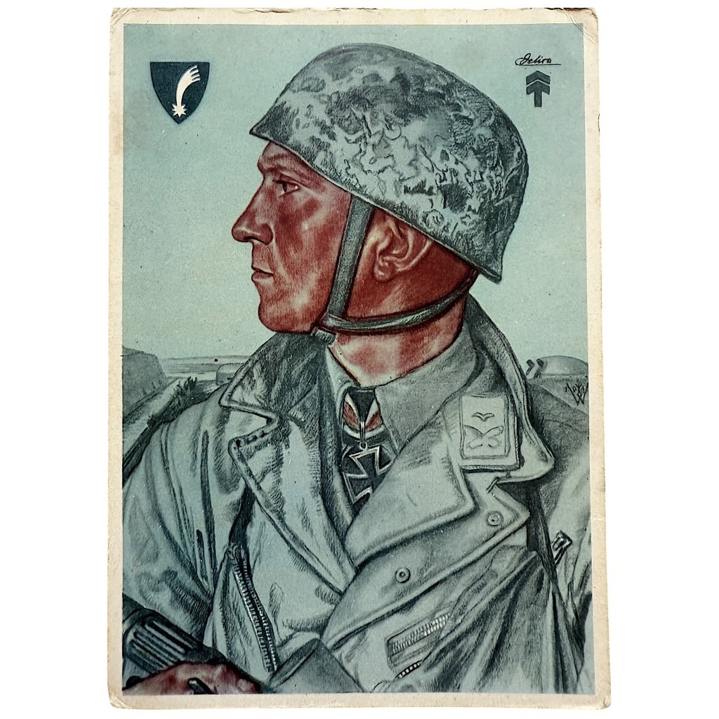 Originale Postkarte aus dem Zweiten Weltkrieg – Porträt von Hauptmann Delica, Führer der Fallschirmjäger beim Angriff auf Fort Eben Emael, Illustration von B. Willrich, seltenes historisches Sammlerstück.