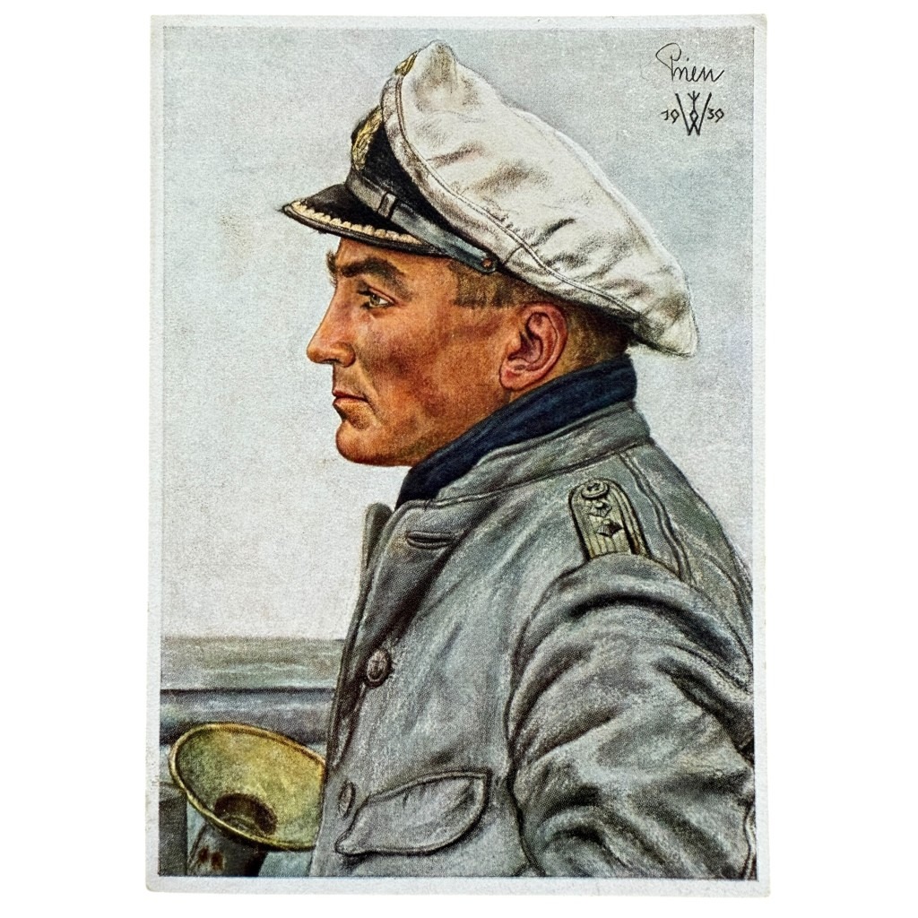 Originale Postkarte aus dem Zweiten Weltkrieg – Porträt von Kapitänleutnant Günther Prien, U-Boot-Kommandant, Illustration von B. Willrich, seltenes historisches Sammlerstück für Militaria- und Marine-Sammler.