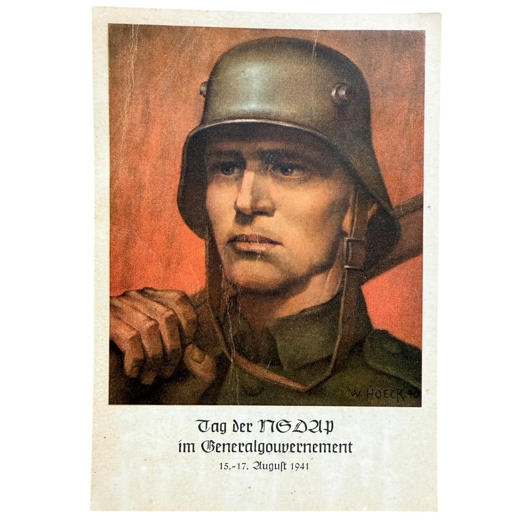 Originale Postkarte aus dem Zweiten Weltkrieg – Tag der NSDAP im Generalgouvernement, 15.–17. August 1941, Soldatenporträt von W. Hoeck, seltenes historisches Sammlerstück.