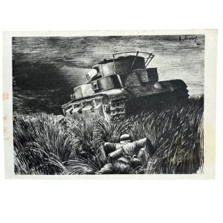 Original WWII German postcard soldier with tank