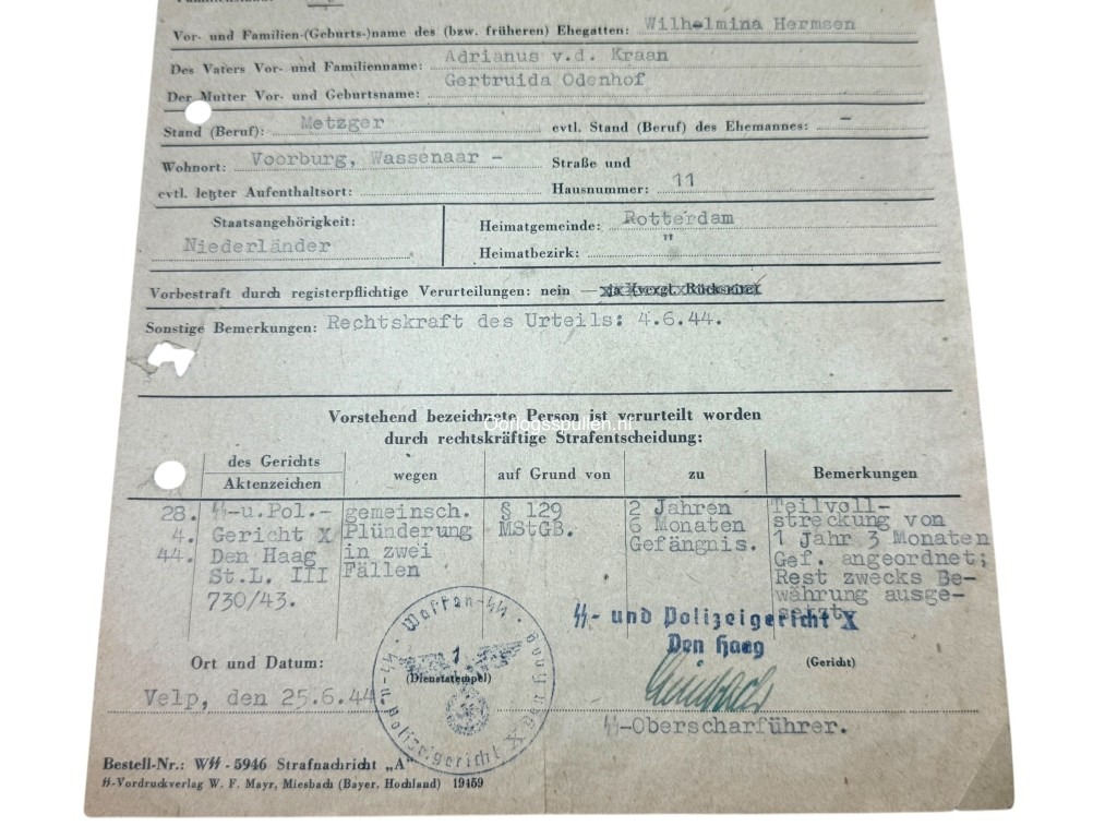 Original WWII Dutch Waffen-SS volunteer punishment document Voorburg/Rotterdam - Image 4