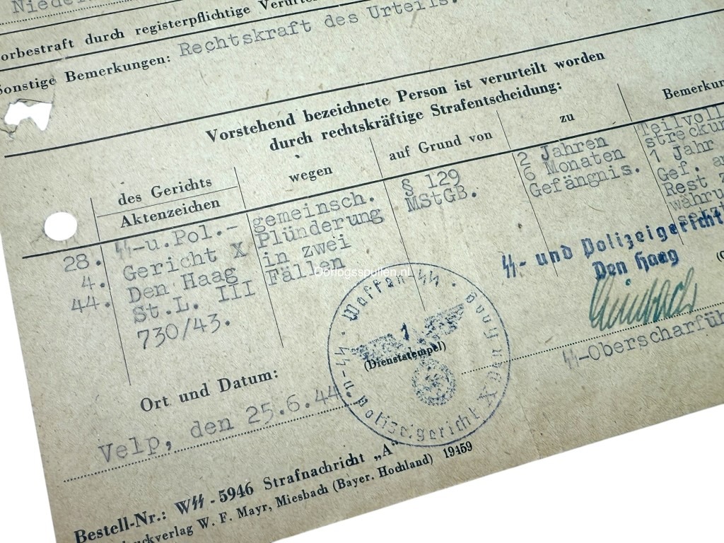 Original WWII Dutch Waffen-SS volunteer punishment document Voorburg/Rotterdam