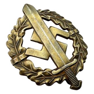 Original German SA Sports Badge in bronze, 1930-1945 sports award with oak leaf wreath and sword, manufactured by E. Schneider Lüdenscheid – rare militaria decoration for medal collectors and WWII enthusiasts.