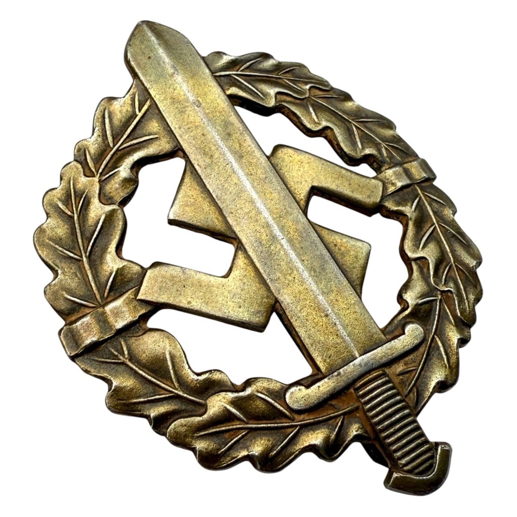 Original German SA Sports Badge in bronze, 1930-1945 sports award with oak leaf wreath and sword, manufactured by E. Schneider Lüdenscheid – rare militaria decoration for medal collectors and WWII enthusiasts.