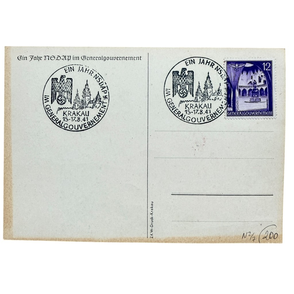 Rückseite einer originalen Postkarte vom Tag der NSDAP im Generalgouvernement, 15.–17. August 1941, mit Krakau-Sonderstempel und Briefmarke, seltenes Sammlerstück für Philatelisten und Militaria-Sammler.